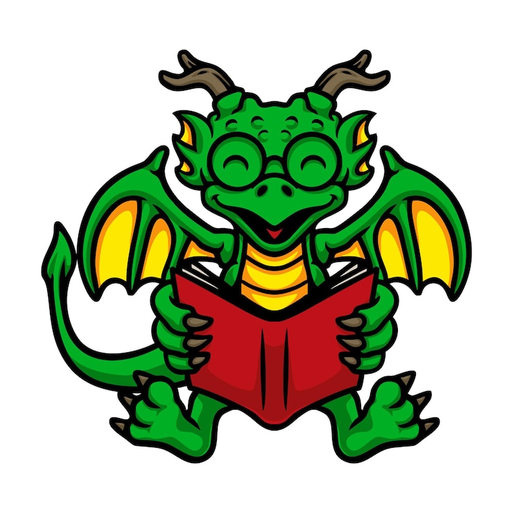 Vettore vettore dell'icona del libro di lettura del drago felice