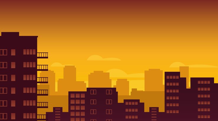 Vettore dell'orizzonte urbano al tramonto Edifici moderni del centro Grattacielo Silhouette Paesaggio cittadino