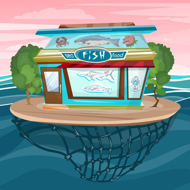 Vettore vettore della costruzione della facciata dei frutti di mare del fumetto del negozio di pesce