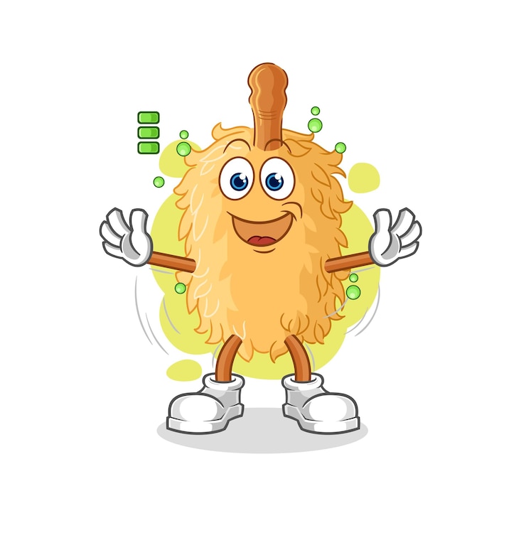 Vettore vettore della mascotte del fumetto del personaggio della batteria completa dello spolverino della piuma