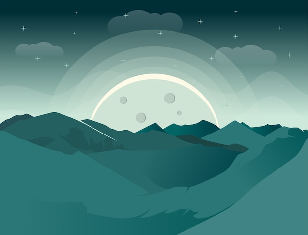 Vettore della natura del lanscape delle siluette con le montagne ed il cielo notturno