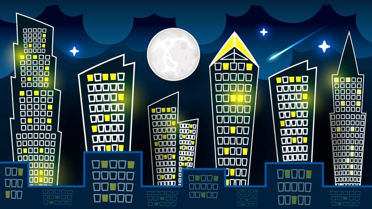Vettore vettore della siluetta del paesaggio della città di notte sul fondo del cielo blu scuro con la grande luna. art design per web, sito, pubblicità, banner, poster, volantini, brochure, schede, biglietti, stampa su carta.