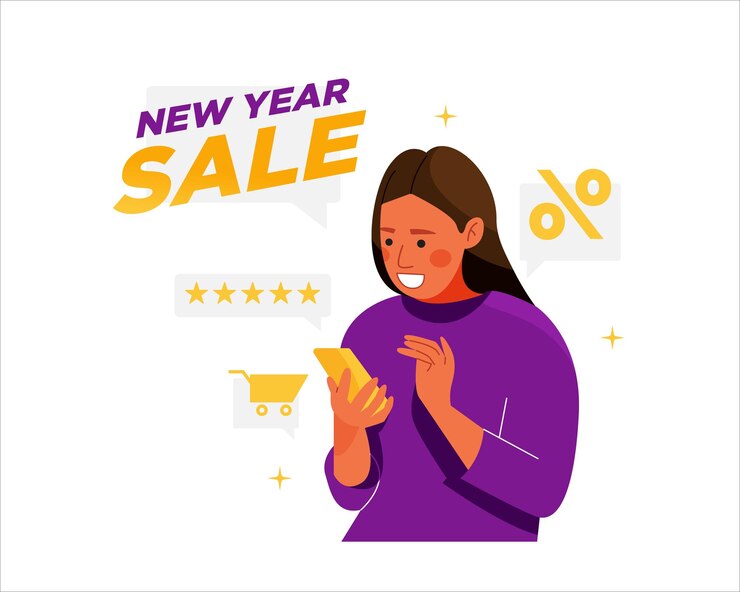 Vettore delle donne che usano il telefono per fare acquisti online durante l'evento di vendita di Capodanno