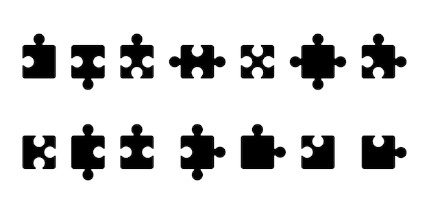Vettore delle icone di puzzle impostato su priorità bassa bianca. Collezione con pezzi di puzzle.