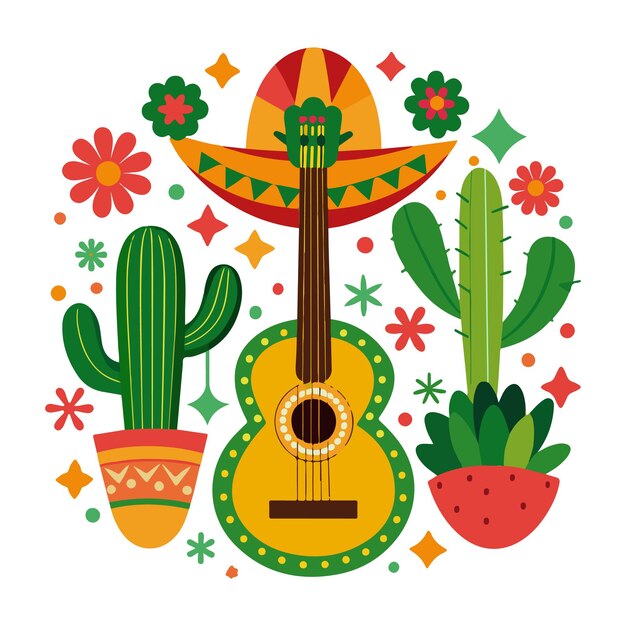 Vettore di albero di cactus con sombrero e guiter e fiori elementi decorativi illustrazione clipart