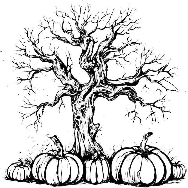 Vettore di albero spaventoso di Halloween con schizzo di zucca di Halloween isolato su sfondo bianco Albero di Halloween in stile vintage e illustrazione vettoriale di zucca