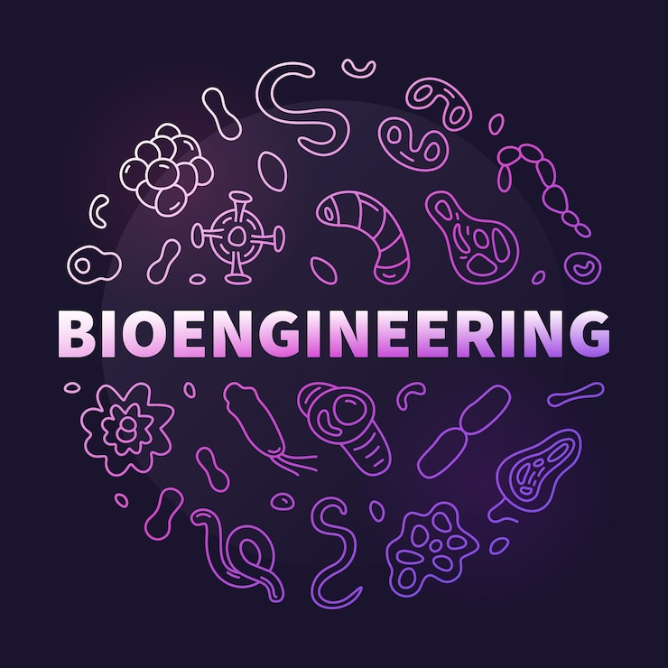 Vettore vettore di bioingegneria concetto di ricerca banner rotondo viola in stile contorno illustrazione creativa di bioingegneria con sfondo scuro