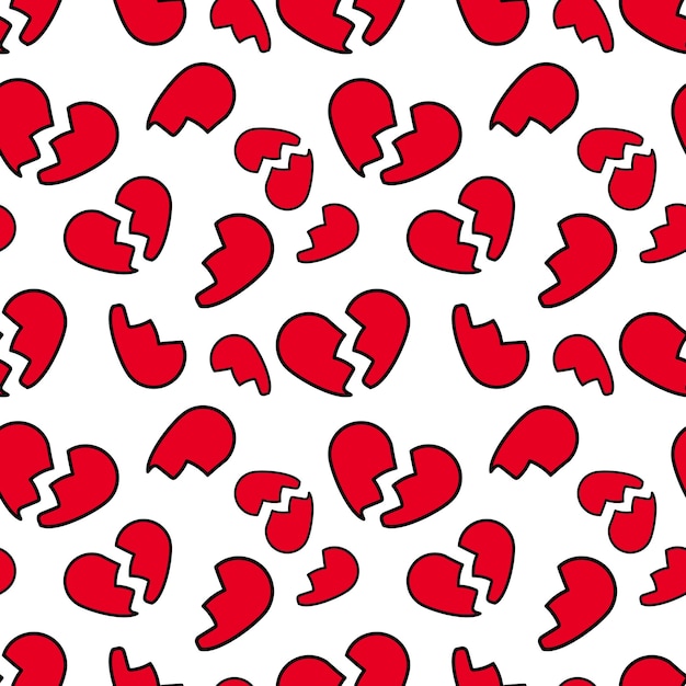 Vettore di cuore spezzato rosso modello doodle senza soluzione di continuità