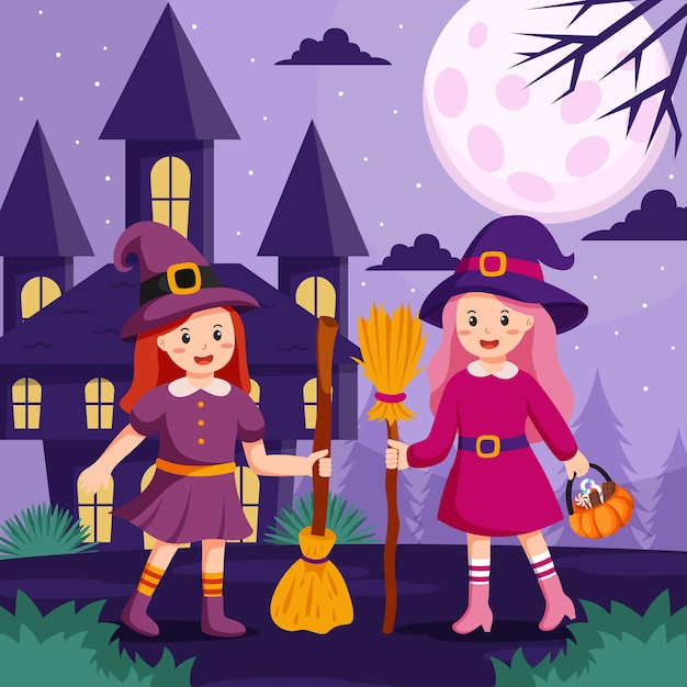 Vettore di design di sfondo di Halloween felice con bambini in costumi di Halloween