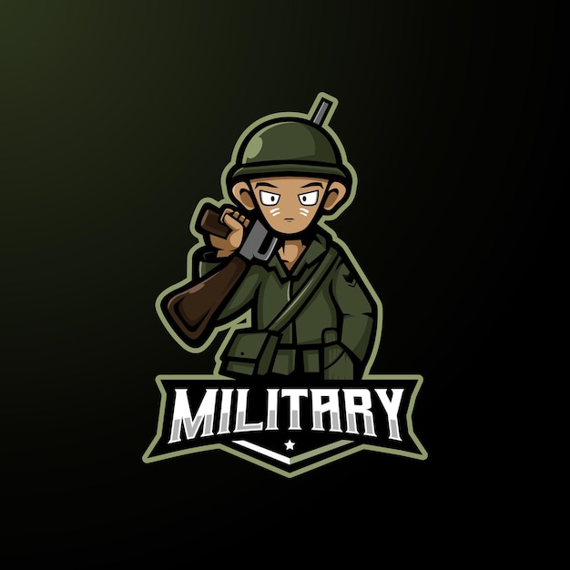 Vettore di disegno del logo della mascotte militare Cool soldato con fucile da caccia