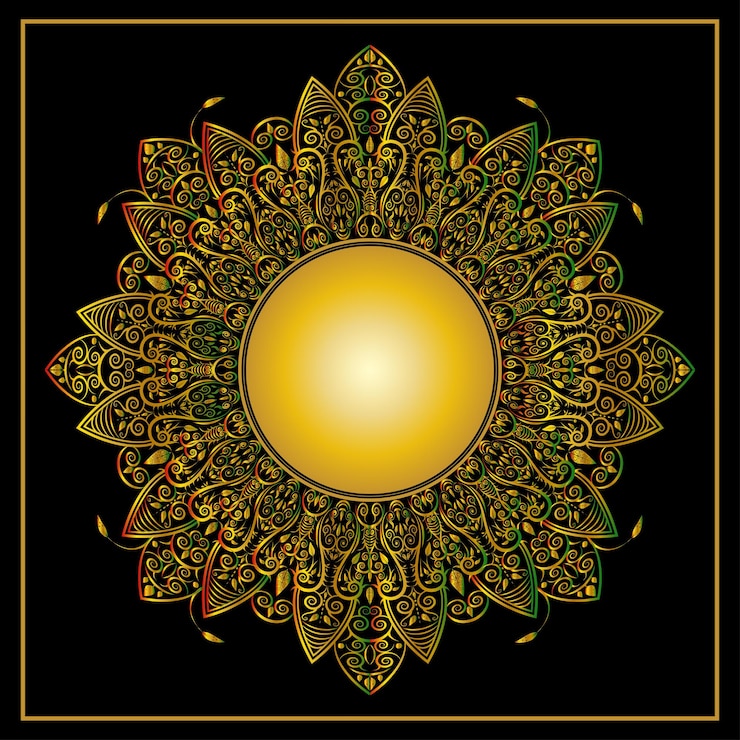 Vettore vettore di disegno del telaio ornamento floreale del cerchio dorato su colore nero scuro