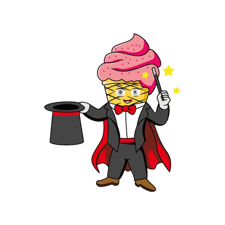 Vettore vettore di disegno di carattere di intrattenimento di logo della mascotte del gelato del mago