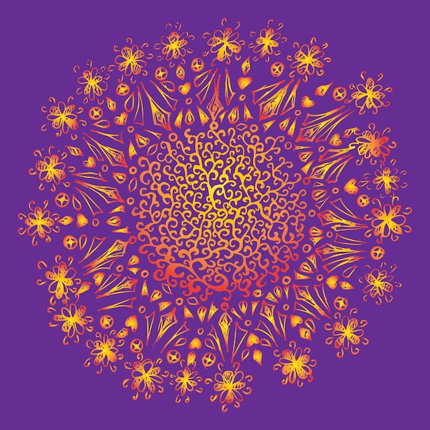 Vettore di doodle disegnato a mano di mandala viola giallo arancio rosso