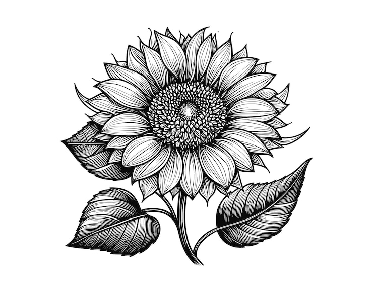 Vettore vettore di fiori di girasole grafica in bianco e nero isolata su uno sfondo bianco
