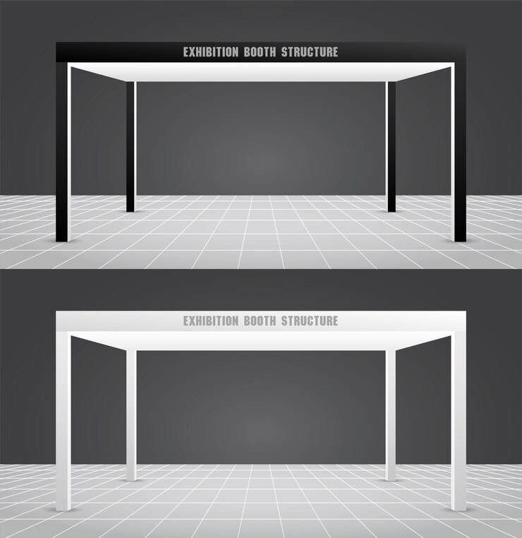 Vettore vettore di illustrazione 3d della struttura della cabina espositiva in stile minimal cool in bianco e nero