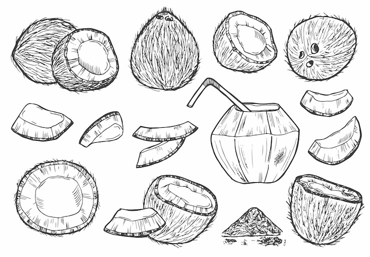 Vettore vettore di illustrazione di schizzi isolati in bianco e nero di cocco