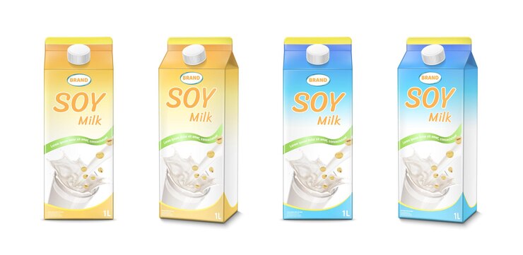 Vettore vettore di latte di soia blu e arancione realistico