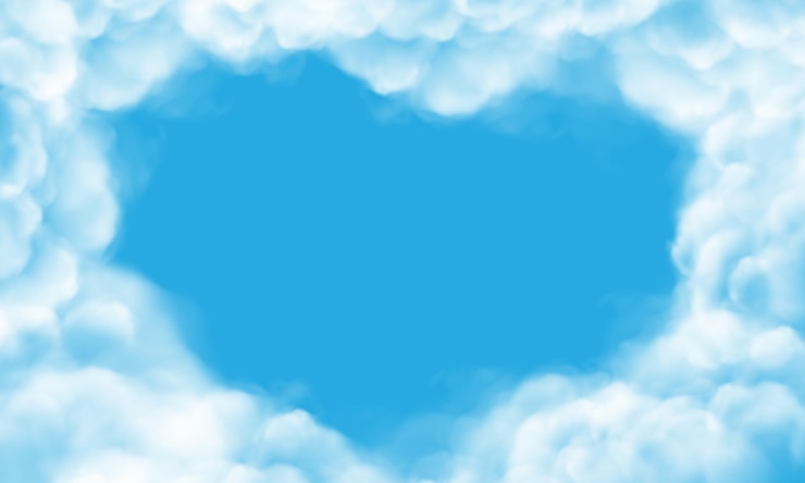 Vettore vettore di nubi bianche realistiche che inquadrano lo spazio vuoto sullo sfondo del cielo blu