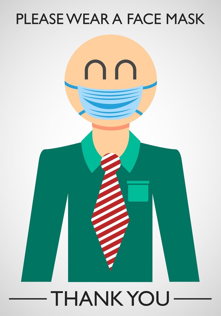 Vettore vettore di persona felice che indossa una maschera facciale in pandemia, poster per l'uso di una maschera