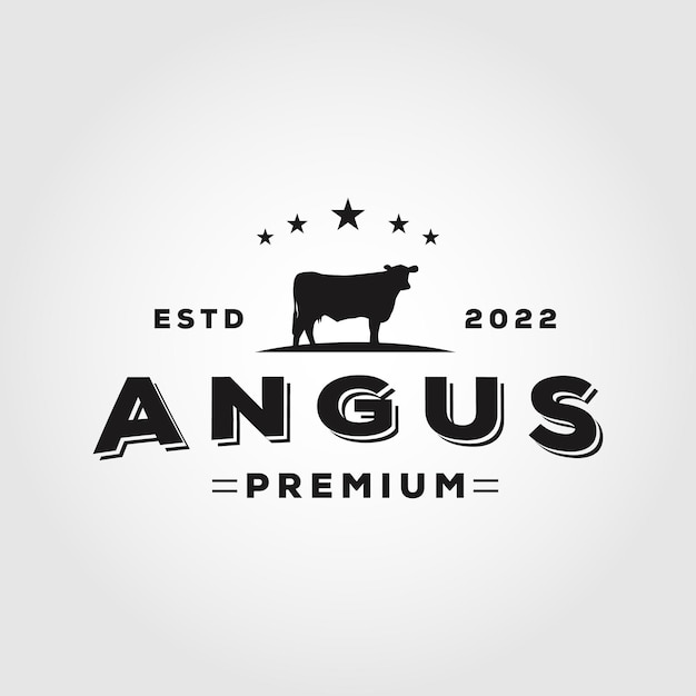 Vettore di progettazione del logo dell'etichetta dell'emblema della manzo Angus bovini vintage retrò