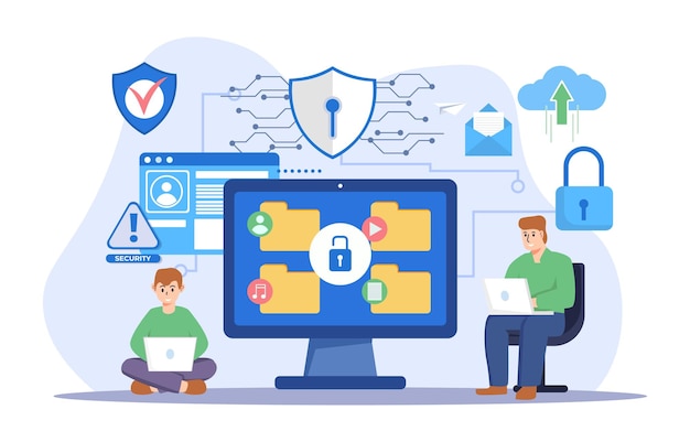 Vettore di progettazione per la protezione dei dati digitali Sfondo dell'illustrazione della sicurezza informatica Concetto di sicurezza della rete di cloud computing
