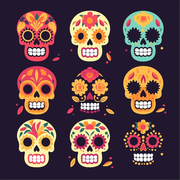 Vettore di raccolta di teschi piatti dia de muertos giorno disegnato a mano