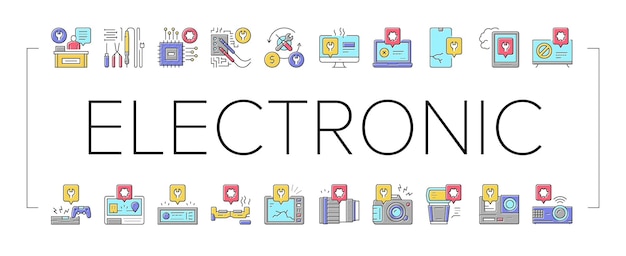 Vettore di set di icone di raccolta di riparazioni elettroniche