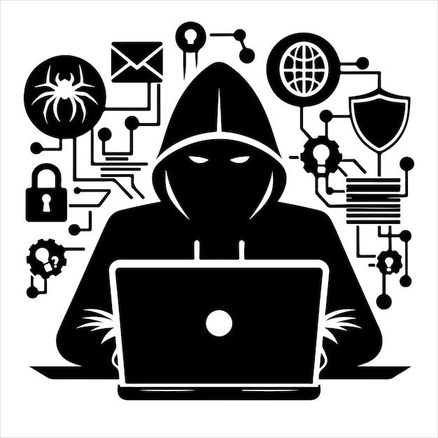 Vettore di silhouette di hacker su sfondo bianco