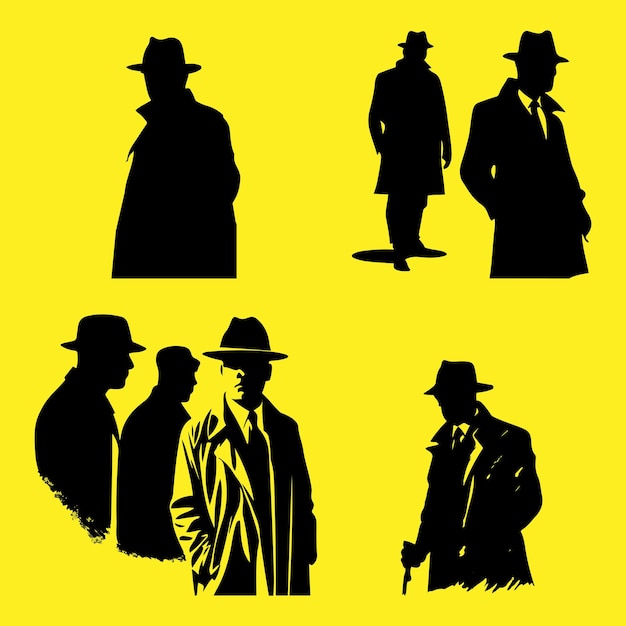 Vettore di silhouette mafiosa Vettore di silhouette detective isolato su sfondo giallo