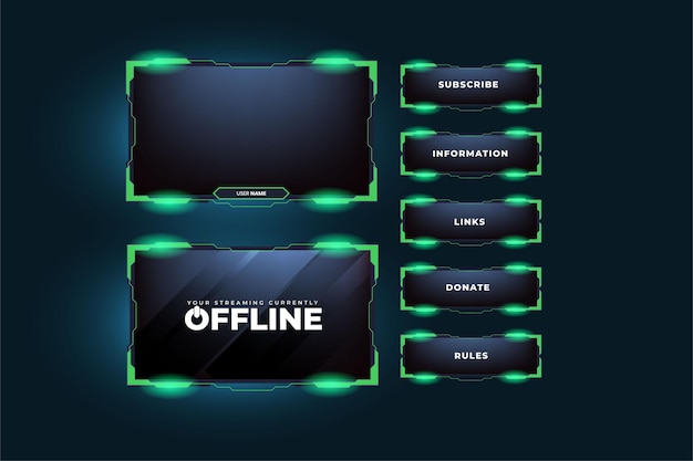 Vettore di sovrapposizione dello schermo verde su sfondo scuro Pannello dello schermo di gioco dal vivo e design del telaio con effetto luminoso Vettore di sovrapposizione dello streaming creativo con bordo dello schermo per i giocatori online
