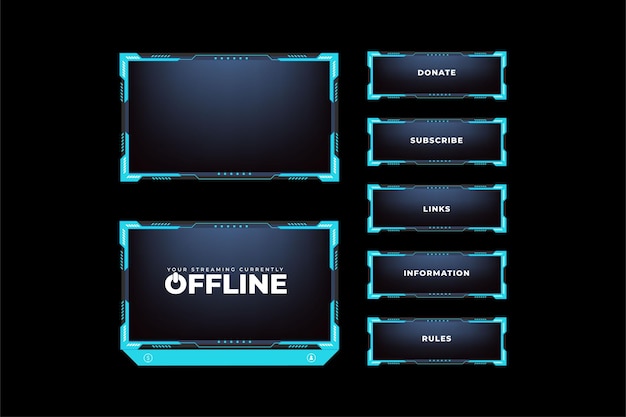 Vettore di sovrapposizione di gioco dal vivo con uno sfondo scuro Design di sovrapposizione di gioco online per i giocatori online Design futuristico di sovrapposizione di streaming di colore ghiaccio con pulsanti colorati e decorazione gelida