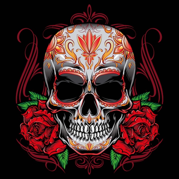 Vettore di Sugarskull con ornamento di rose