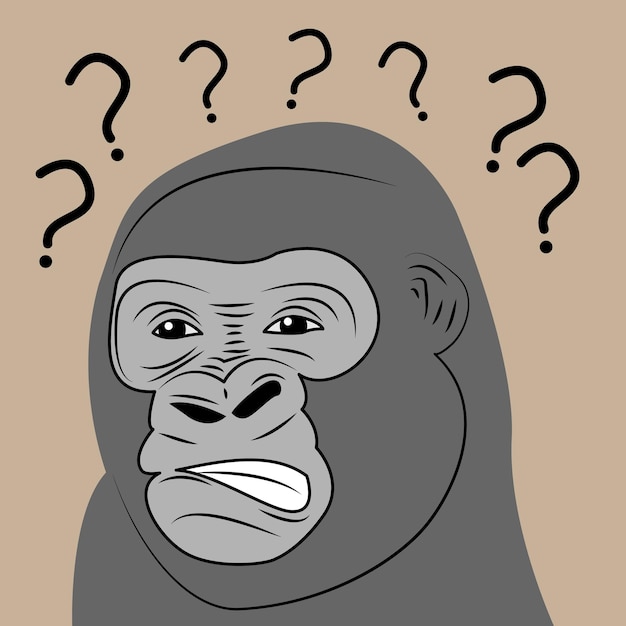 vettore di testa di gorilla faccia arrabbiata e confusa con molti punti interrogativi