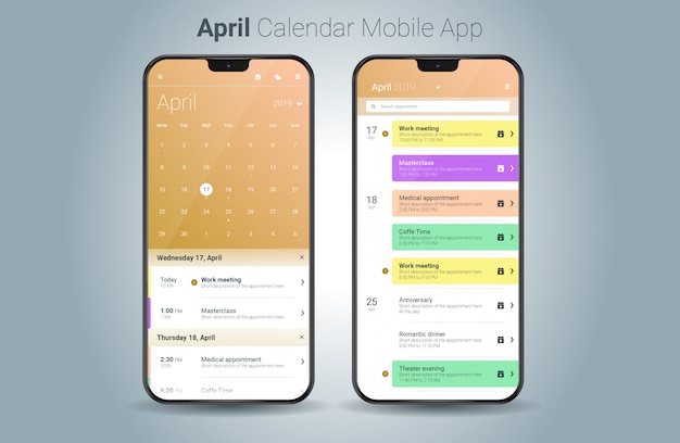 Vettore di UI della luce di applicazione mobile del calendario di aprile