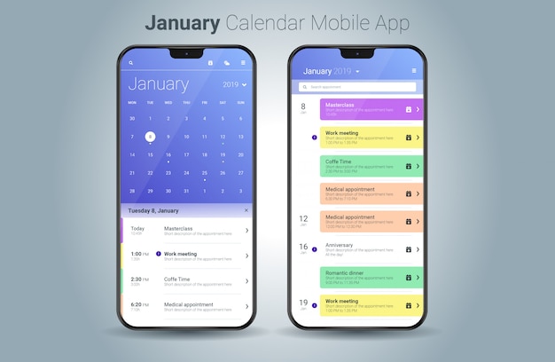 Vettore di UI della luce di applicazione mobile del calendario di gennaio