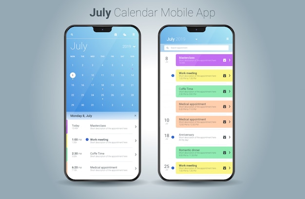 Vettore di UI della luce di applicazione mobile del calendario di luglio