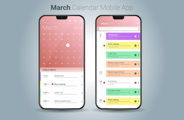 Vettore di UI della luce di applicazione mobile del calendario di marzo