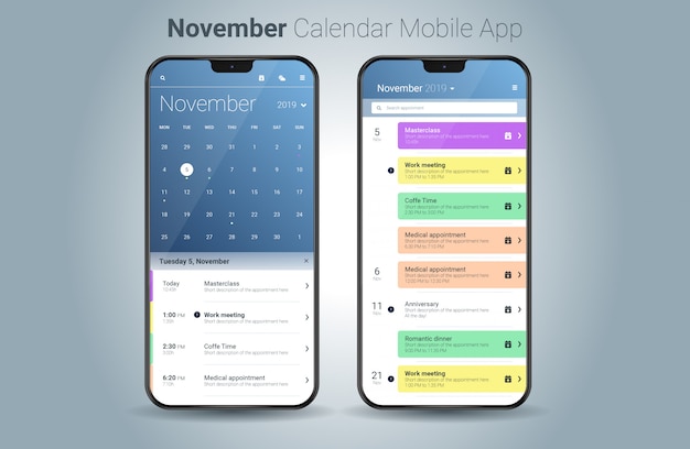 Vettore di UI della luce di applicazione mobile del calendario di novembre