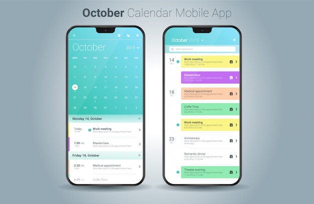 Vettore di UI della luce di applicazione mobile del calendario di ottobre