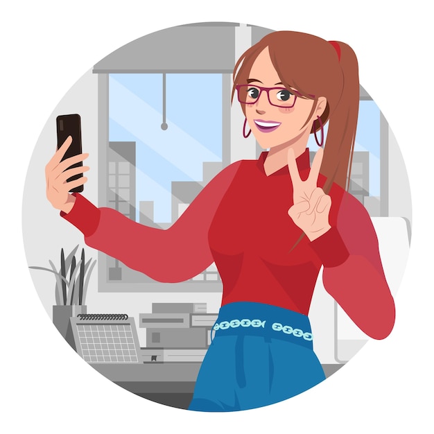Vettore di una giovane donna che tiene un telefono e si fa un selfie in ufficio