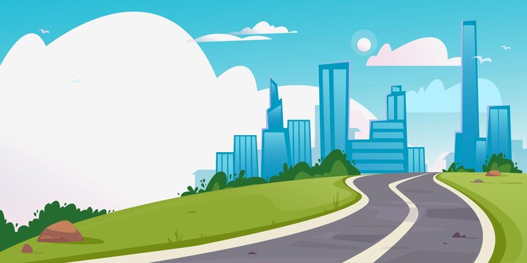 Vettore di una strada tortuosa che conduce a una grande città Banner con testo vuoto Edifici alti