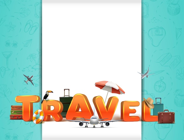 Vettore di viaggio intorno al mondo banner con lettere 3d ed elementi di viaggio realistici