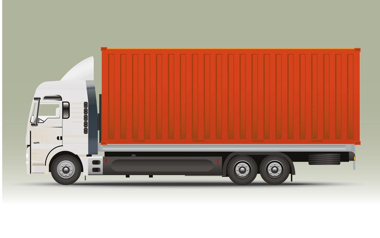 Vettore vettore di vista laterale del contenitore di trasporto arancione realistico del camion del carico 3d
