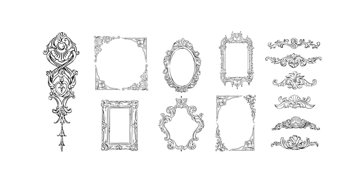 Vettore vettore disegnato a mano contorno astratto grafica linea arte vintage ornamento barocco cornici floreali impostate in