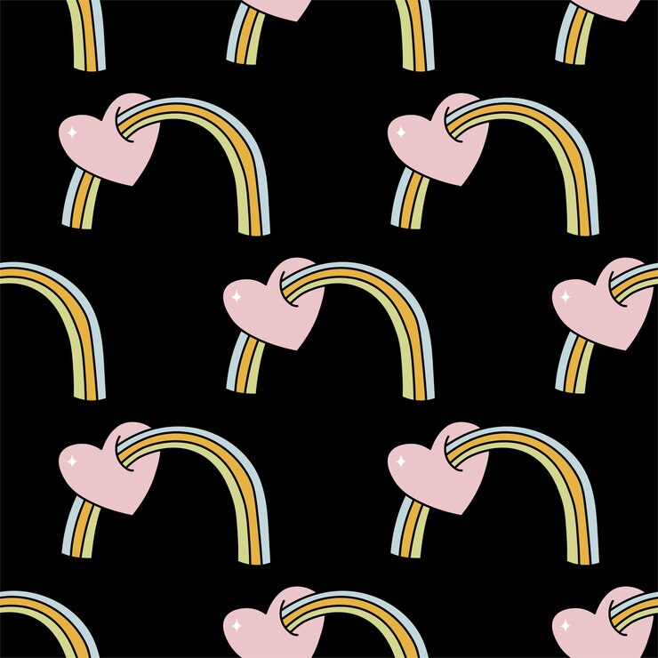 Vettore vettore disegnato a mano senza cuciture in stile arcobaleno e cuore groovy modello vettoriale modello vettoriale