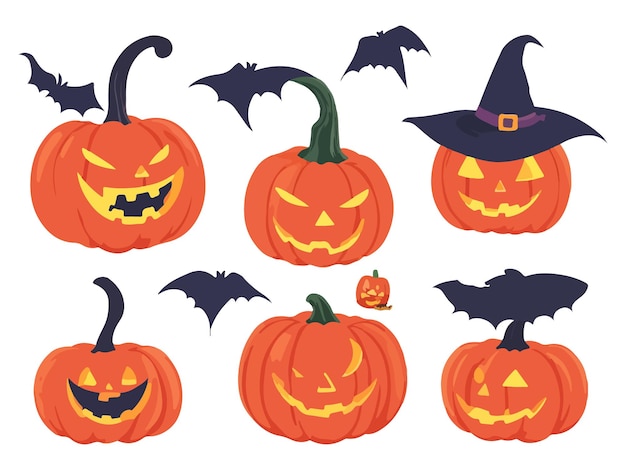 Vettore disegnato a mano Set di zucche spaventose di Halloween Zucche raccapriccianti spettrali vettoriali in stile piatto