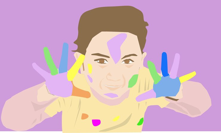 Vettore vettore espressione facciale felice sorriso bambina che gioca con le dita sabbia colorata festeggia holi be