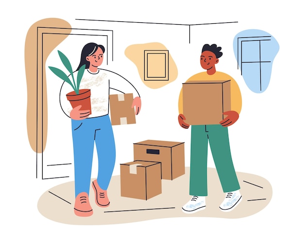 Vettore flat cartone animato illustrazione di muoversi giorno la gente porta oggetti personali nelle mani donna e