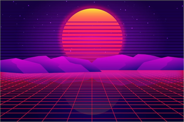 Vettore futuristico di fantascienza retrò, illustrazione 3d di sfondo degli anni '80 e '90. Paesaggio digitale