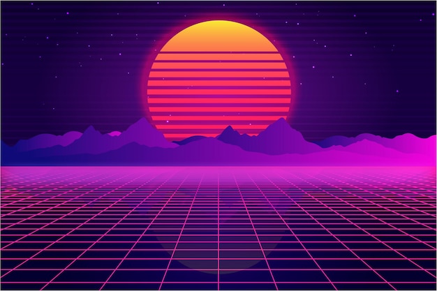 Vettore futuristico di fantascienza retrò, illustrazione 3d di sfondo degli anni '80 e '90. Paesaggio digitale